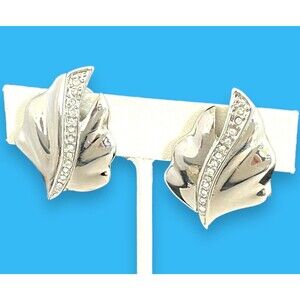 Vintage Designer Earrings Silver Tone Crystal Leaf Clip On 6U